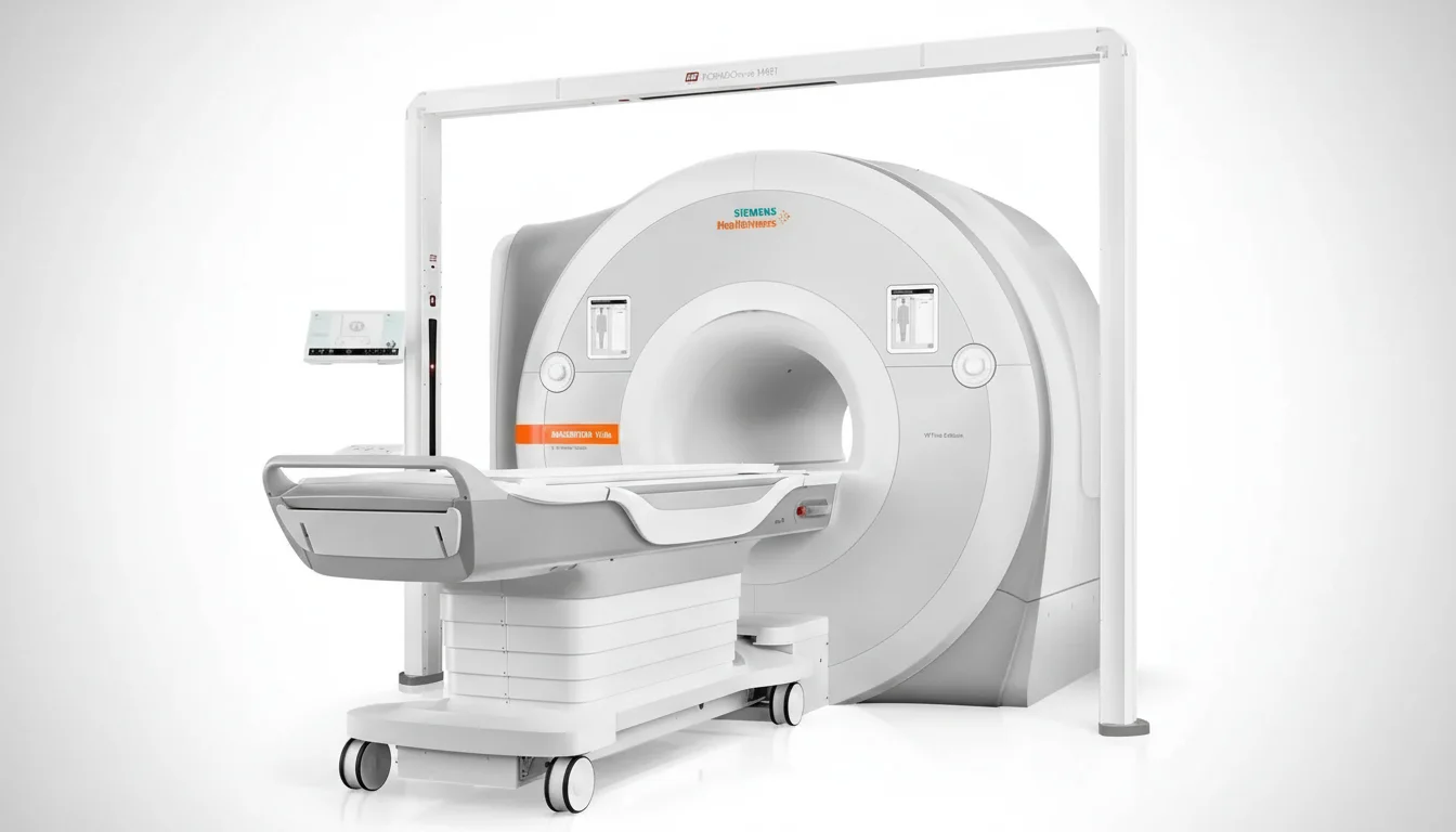 Comparativa entre un escáner de RM tradicional grande y un equipo portátil de bajo campo junto a una cama de hospital