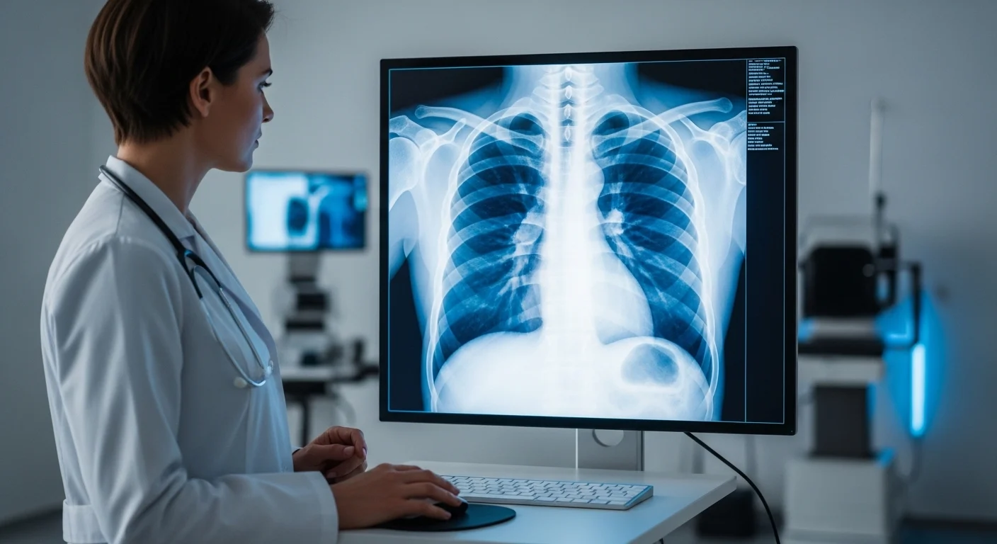 Tecnólogo médico realizando una radiografía de tórax a un paciente