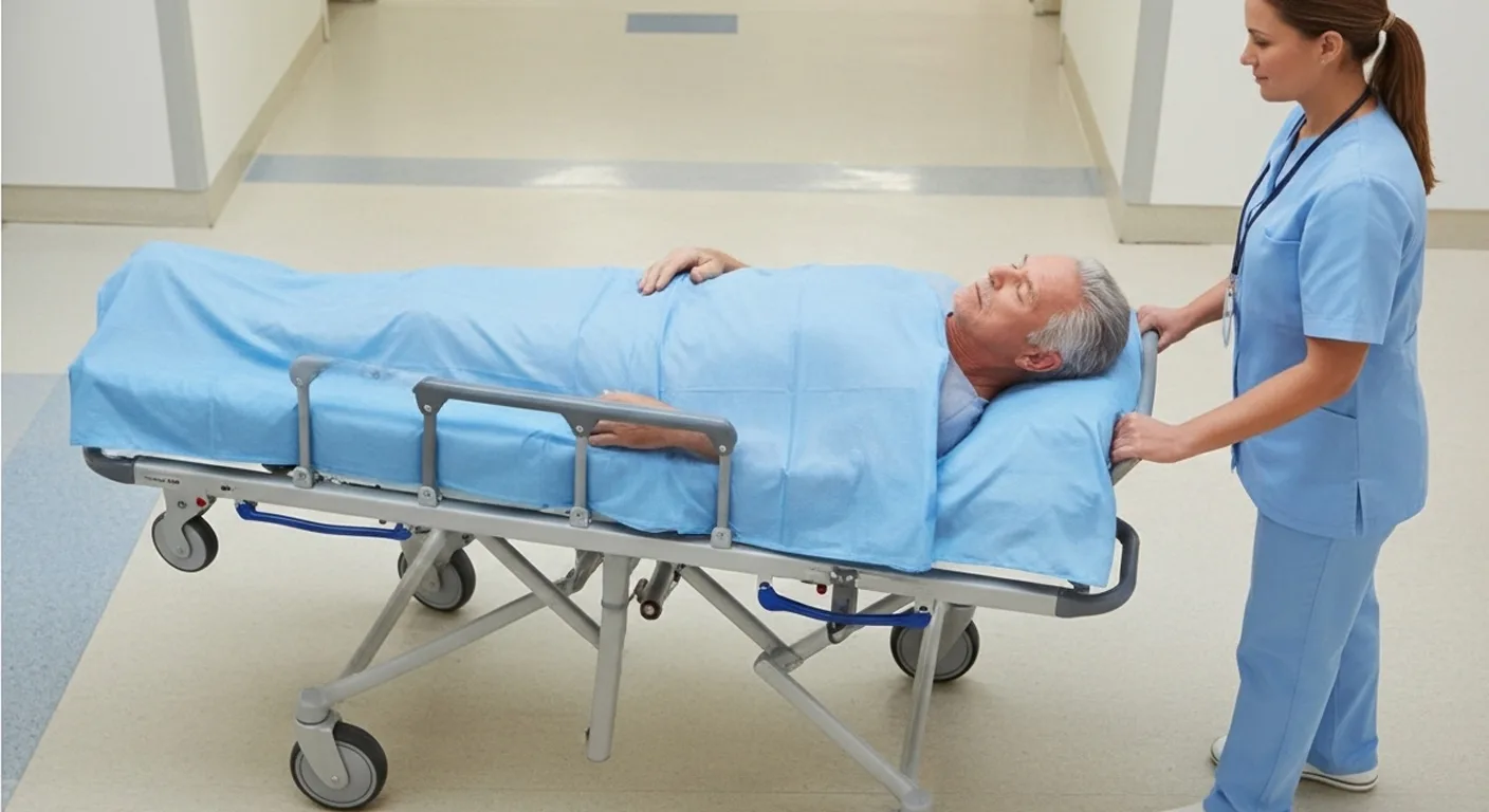 Camilla paciente en camilla móvil siendo transportado por enfermero